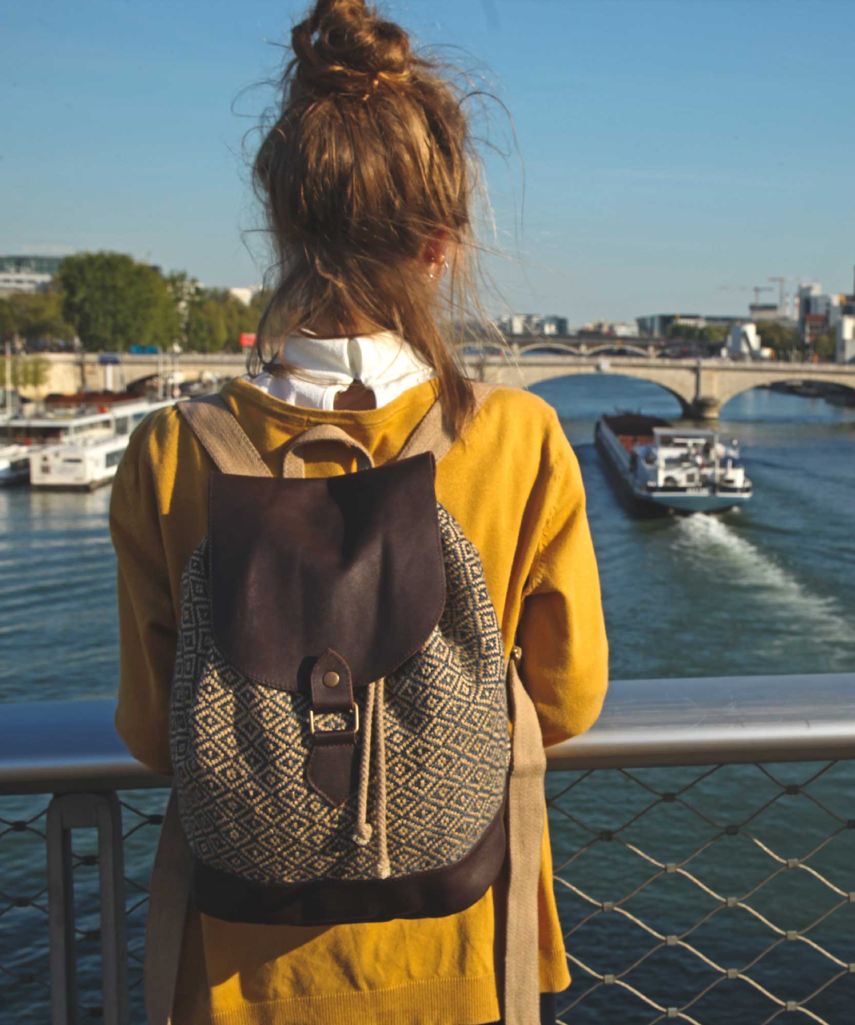 Sac à dos femme en toile de jute et cuir fait-main - POTLA - Bhallot