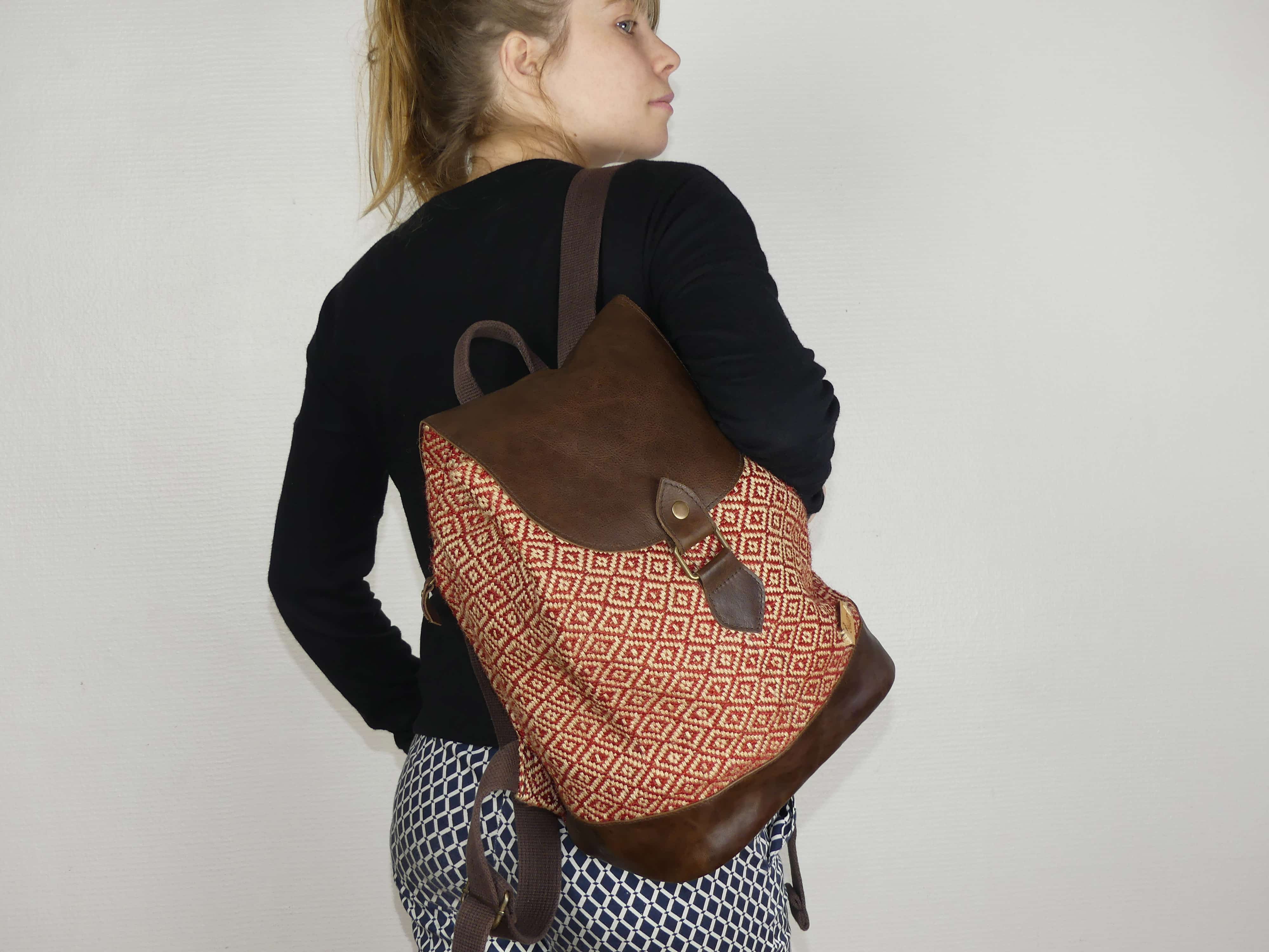 Sac à dos femme en toile de jute et cuir fait-main - potla - Bhallot