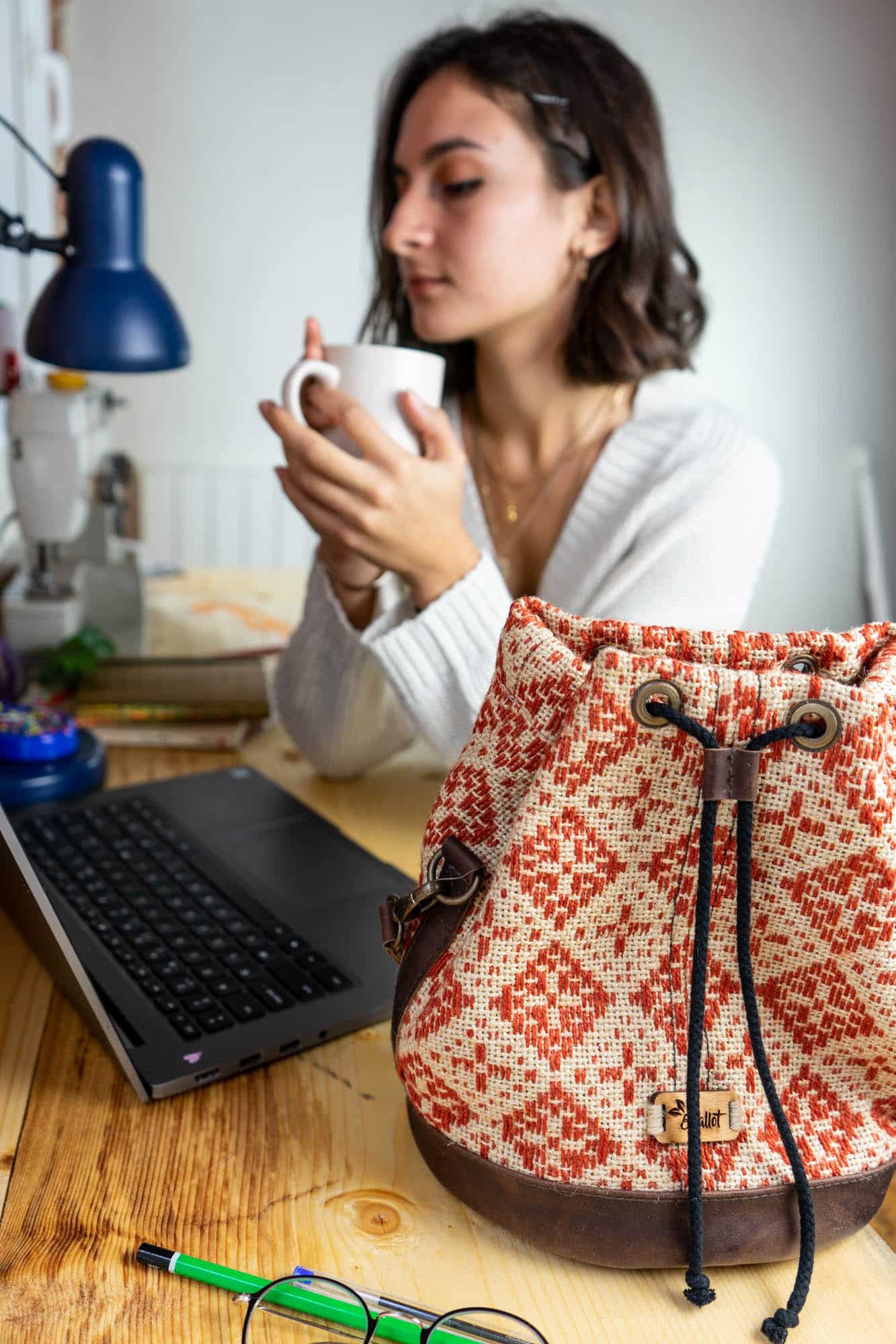 Sac à dos femme en toile de jute et cuir fait-main - POTLA - Bhallot