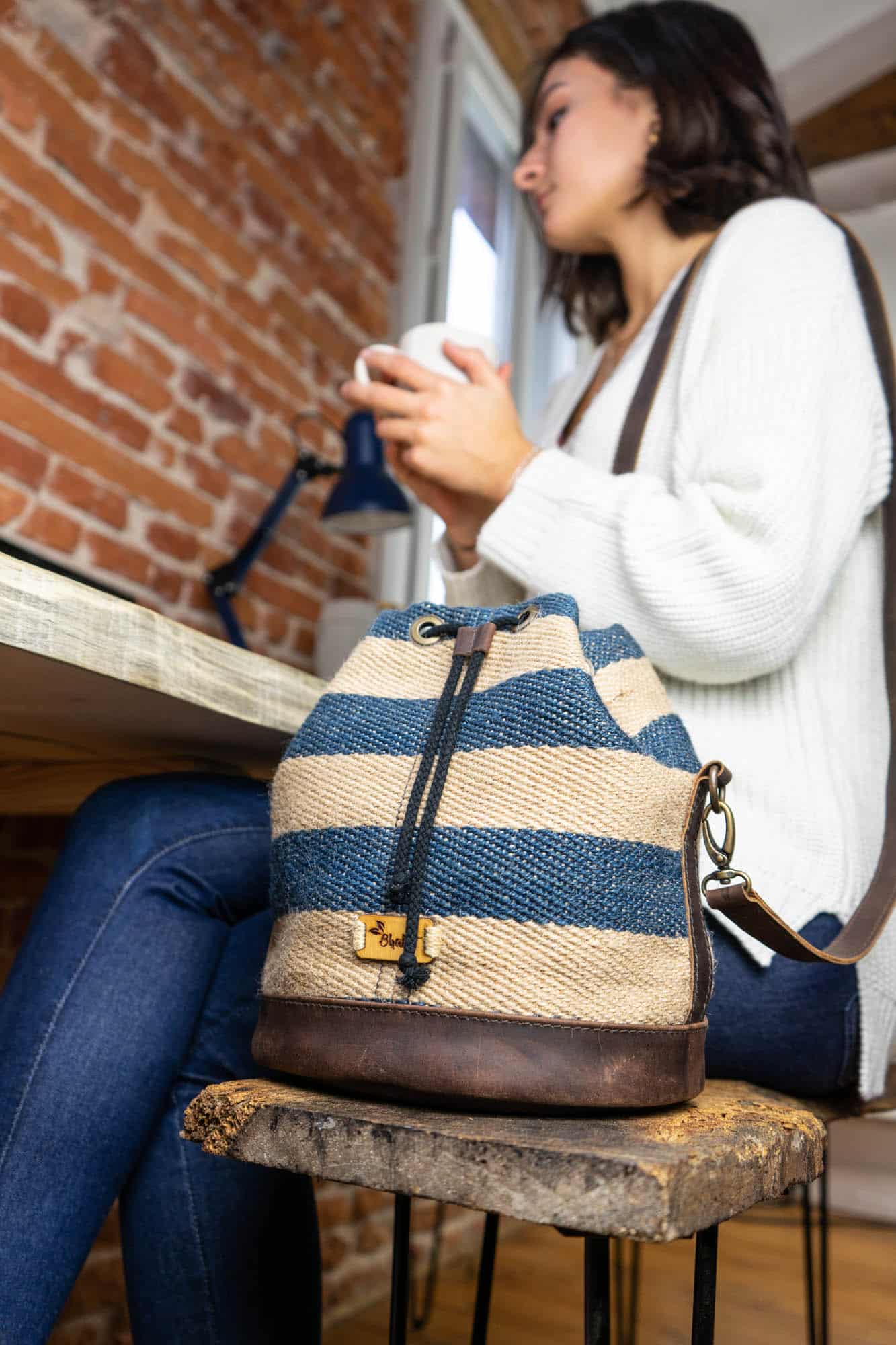 Sac à dos femme en toile de jute et cuir fait-main - POTLA - Bhallot