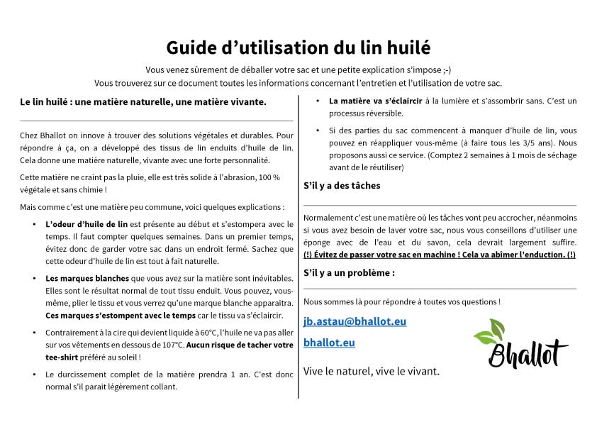 Guide d'utilisation et d'entretien du lin huilé