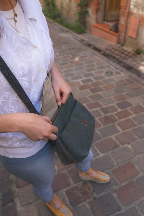 Sac à main bandoulière en lin - Vert & naturel intérieur - MADELEINE