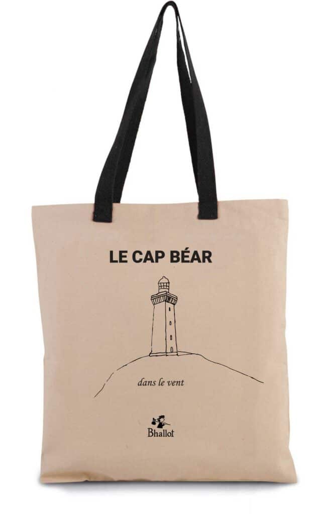 sac tote bag en coton et anse noir avec dessin du phare du cap bear catalan
